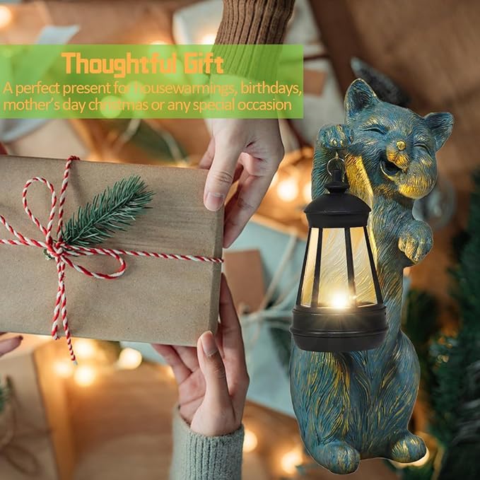 Garden Statues Cat with Solar Lantern Outdoor Bunny Figurines Decorations for Patio Yard Lawn Ornaments Gifts for Birthday Easter Housewarming Mother's Day-Ruum Studio Home