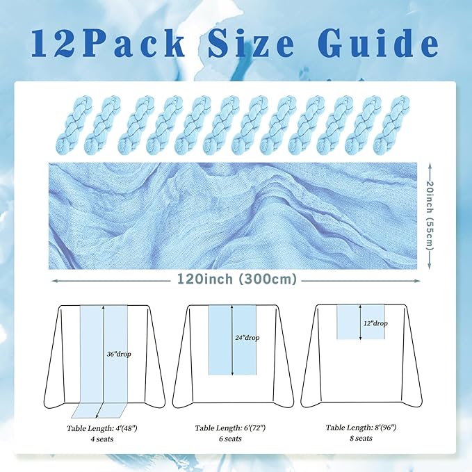 12 Pack Baby Blue Cheesecloth Table Runner 20 x 120 Inch Long Rustic Gauze Cheese Cloth Table Runner for Wedding 10FT Bridal Baby Shower Table Decorations Boho Fabric Sheer Birthday Party Table Decor-Ruum Studio Home