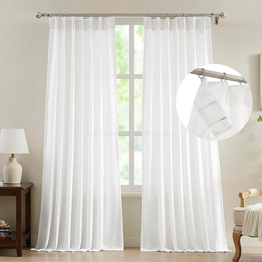 FMFUNCTEX Pinch Pleated Curtains 84 Inches Long for Living Room, White Semi Sheer Faux Linen Textured Pleat Drapes for Bedroom with Hooks, Light Filtering Neutral Farmhouse Window Drapes 2 Panels-Ruum Studio Home