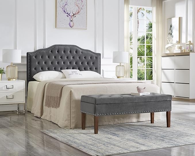 24KF Upholstered Button Tufted Queen/Full Size Headboard with Nailhead Trim, Soft Velvet Fabric - Dark Gray-Ruum Studio Home