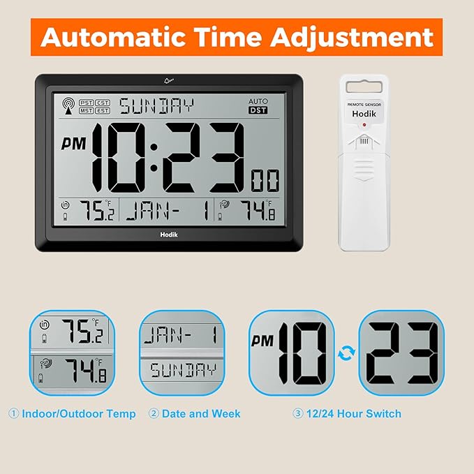 Wall Clock Atomic with Indoor Outdoor Temperature Battery Powered, Easy Reading with 10.5 Inch Large LCD Display, 330FT Range Table Wall Clock with DST, 12/24 Hour for Living Room Kitchen (Black)-Ruum Studio Home