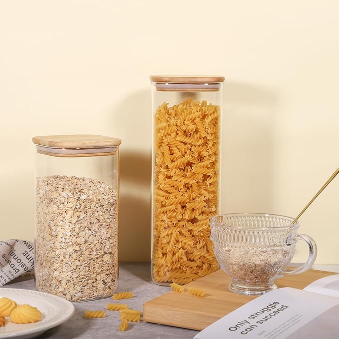 Glass Food Storage Jars 76 oz Set of 3,Glass Storage Containers Clear Glass Food Canister with Bamboo Lid Airtight For Serving Tea, Coffee, Flour, Sugar, Candy, Cookie, Spice and More (Square)-Ruum Studio Home