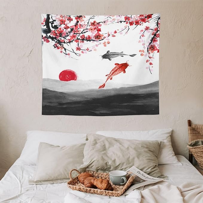 Houselerax Japanese Koi Fish Tapestries, Cherry Blossoms Asian Oriental Flower Branch Koi Fish Carp Tapestry Wall Hanging for Bedroom Living Room Office Decor 60"x50"-Ruum Studio Home