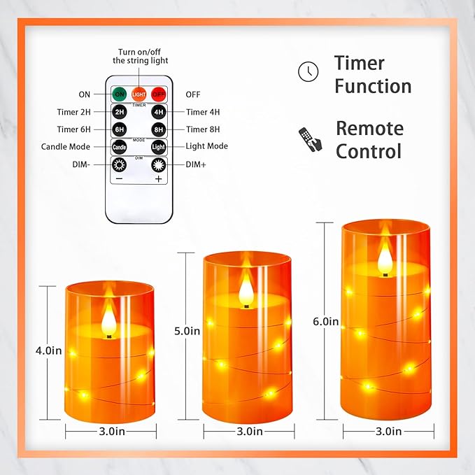 NURADA Flameless Candles with Remote Timers: Built-in Star String Lights 3D Wick Battery Operated Flickering LED Electric Candles for Halloween Thanksgiving Dinner Tables Fall Home Decor Orange 3 Pack-Ruum Studio Home