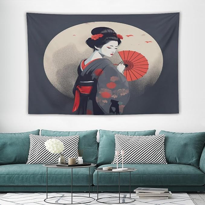 Japanese Woman Geisha Tapestry Asian Red Cherry Blossom Red Sun Traditional Kimono Folk Tapestries Home Decor for Living Room Bedroom Apartment Farmhouse Dorm 60"x40"-Ruum Studio Home