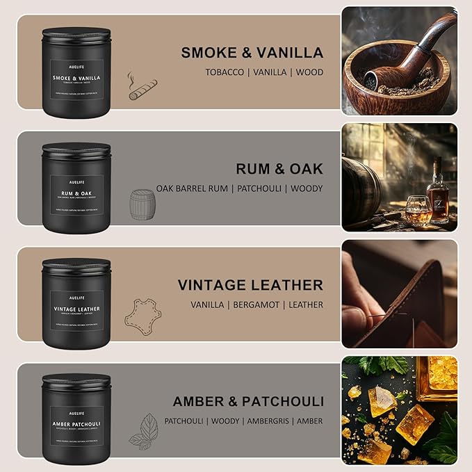 Scented Candles Set | Men Candle Set, 4 Pack Candles for Home, Gifts for Men - Aromatherapy Gifts for Dad Fathers Day, Soy Candle Scent of Smoke & Vanilla/Rum Oak/Vintage Leather/Amber Patchouli-Ruum Studio Home