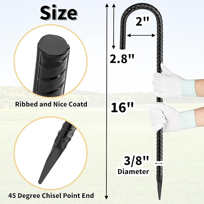16 Inches 24-Pack J Hook Rebar Stakes Heavy Duty Tent Stakes with Chisel Point End, Steel Ground Anchors Metal Garden Stakes Chain Link Fence Stakes Black Coated-Ruum Studio Home