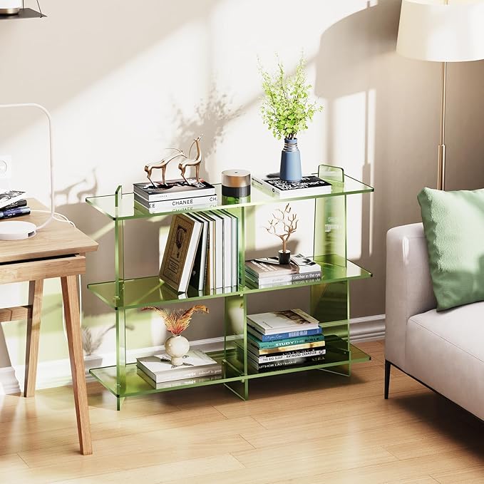 Acrylic Bookshelf, Small 3 Tier Open Bookcase for Small Spaces,Sofa Table, Hallway Entry Table for Home Living Room (Green, 39.4'' x 11.8'' x 31.5'')-Ruum Studio Home