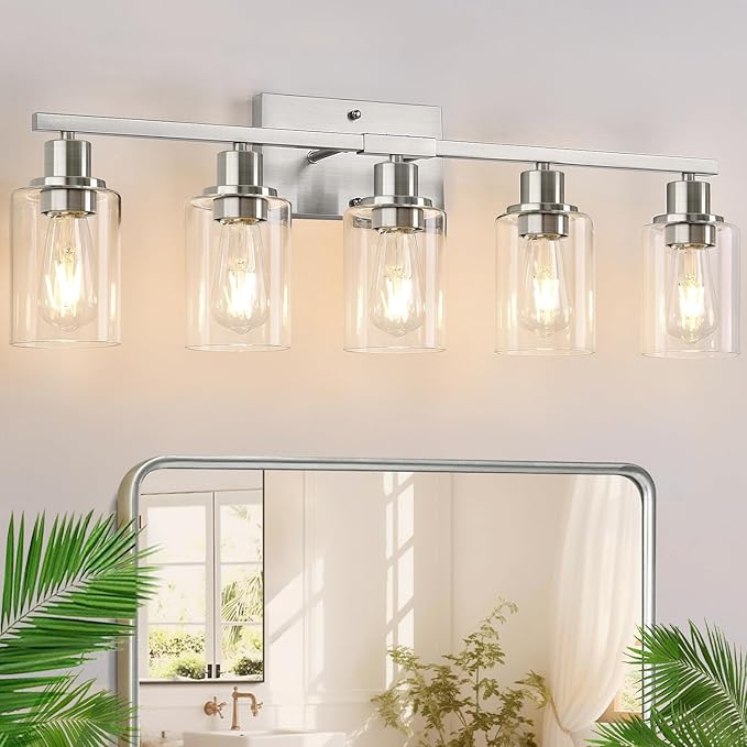 5-Light Bathroom Light Fixtures, Brushed Nickel Bathroom Vanity Light with Clear Glass Shades, Modern Bathroom Wall Lamp for Mirror Living Room Cabinet Bedroom Porch-Ruum Studio Home