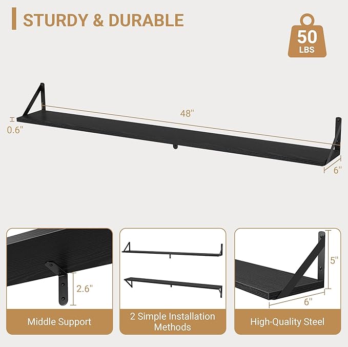 Heimlove 48 Inch Large Wall Bookshelves Set of 3, Wall Mounted Bookshelves,Heavy Duty Wooden Shelves for Living Room,Bedroom,Kitchen,Laundry Room Storage & Decor-Ruum Studio Home