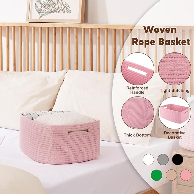 OIAHOMY Storage Basket for Shelves, Closet Cube Storage Bins Baskets for Clothes Blanket Towels, Baby Nursery, Toy Baskets Box, Woven Rope Basket, 15.75*11.81*7.09 IN, 2 Packs Pink-Ruum Studio Home