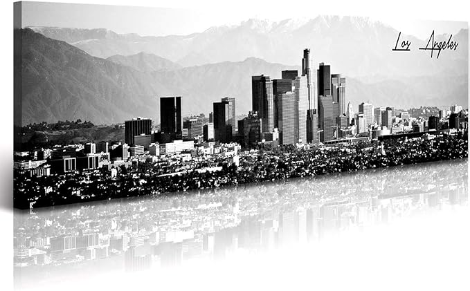DJSYLIFE Los Angeles Skyline Wall Art Black and White USA Panoramic Cityscape Picture Canvas Prints Artwork for Bedroom Men Room Office Decoration Painting Ready to Hang 13.8"x47.3"-Ruum Studio Home