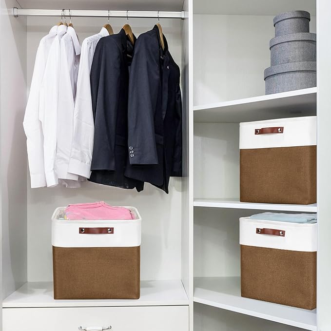 13x13 Cube Storage Bins, Collapsible Fabric Storage Box, 4 Pack Closet Baskets with Handles for Organizing, Shelf, Toys, Clothes, Home, Office, Nursery (Brown&White)-Ruum Studio Home