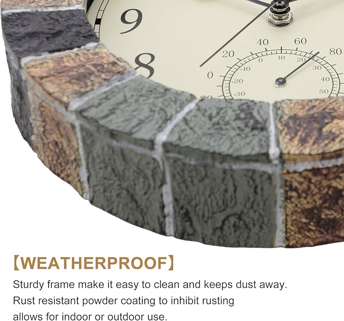 eYotto 10 Inch Small Indoor/Outdoor Waterproof Wall Clock with Thermometer Silent Non-Ticking Battery Operated Wall Clocks Weatherproof for Patio, Pool, Garden, Lanai, Fence, Porch, Deck, Bathroom-Ruum Studio Home