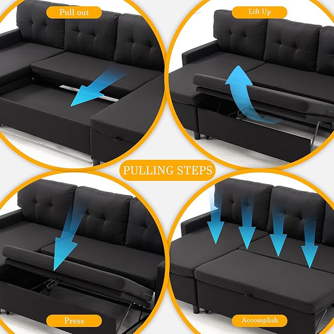 Pull Out Couch, Oversized Sleeper Sofa Couch, Sectional Sleeper Sofa Bed for Living Room Bedroom Lounge (Black, 110 Inch)-Ruum Studio Home