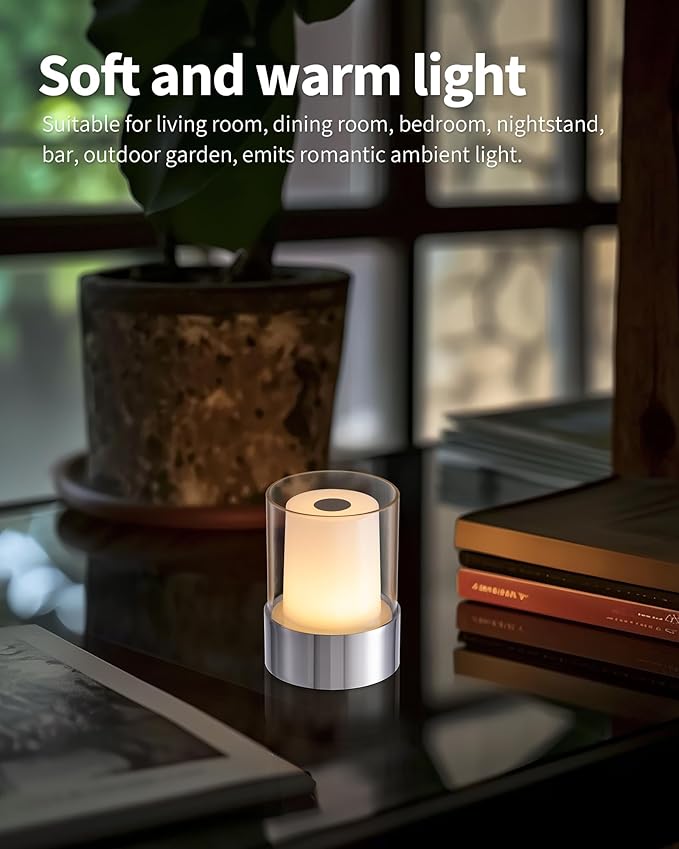 LED 4" inch Touch Night Light for Nursery Baby Kids Set of 2 (Chrome), Small Outdoor Waterproof Lamp for Bathroom Camping, Rechargeable Cordless Table Lamp for Bar Bedside Restaurant Gifts-Ruum Studio Home