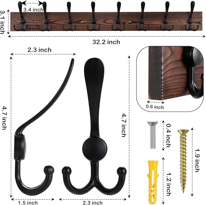 32.2'' Large Coat Rack Wall Mount Coat Hooks Coat Hanger with 8 Metal Black Triple- Hooks Brown Pine Real Wood Plank Hat Rack for Wall Hooks for Hanging Coat Hat Jacket-Ruum Studio Home