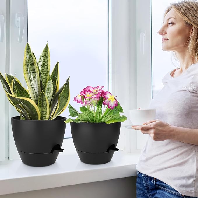 Plant Pots 10/9/8/7.5/7 Inch Self Watering Pots, Set of 5 Plastic Planters with Drainage Holes and Saucers,Plastic Flower Pots,Nursery Planting Pot for Indoor Out Door Plants(All Black)-Ruum Studio Home