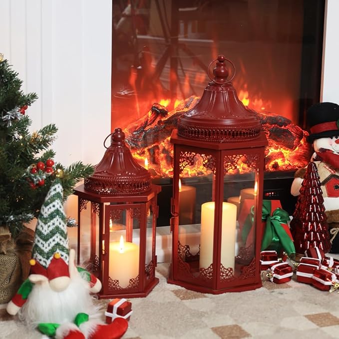 NEEDOMO Christmas Decorations Set of 2, 22''/15'' Christmas Lantern with Glass Panels for Home Decor, Decorative Hanging Lantern Indoor Outdoor for Xmas Table Centerpieces, Porch, Patio(Red)-Ruum Studio Home