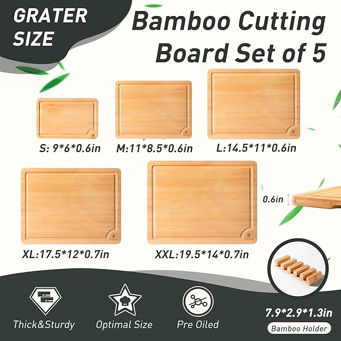 5 Packs Bamboo Cutting Board Set with Non Slip Feet Holder and Over Sink Nice Solid Thick Wood Juice Groove Chopping Board Small Big Xl XXl xlarge Oversized Kitchen Counter Organic Vegetable Meat Kit-Ruum Studio Home