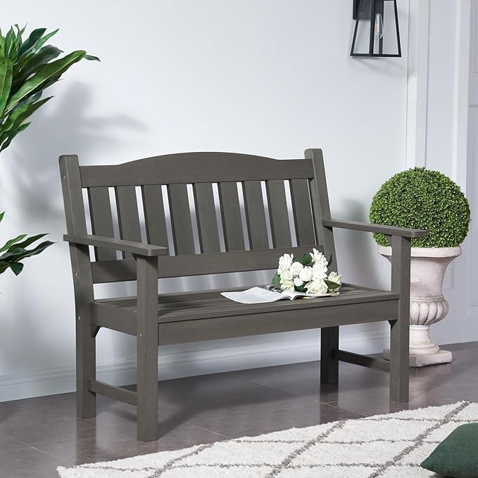 Psilvam 2-Person Outdoor Memorial Bench, All-Weather Poly Lumber Garden Bench, Rot-Resistant Outdoor Patio Bench for Park,Porch,and Church(Grey)-Ruum Studio Home