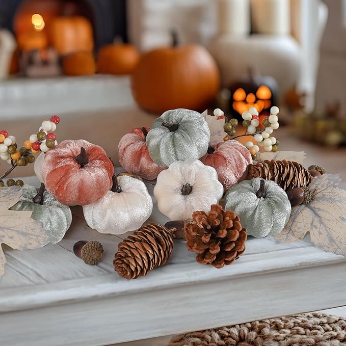 Artmag 25 PCS Pumpkin Decor Set, Artificial Fabric Pumpkins Decor with Acorns, Pinecones, Berries, Maple Leaves for Fall Halloween Thanksgiving Decorations Home Table-Ruum Studio Home