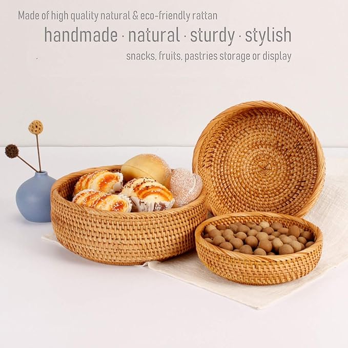 3 Pack Hadewoven Round Rattan Fruit Basket Wicker Food Tray Weaving Storage Holder Dinning Room Bowl, 10 Inch Small Wicker Basket Serving Tray Woven Basket for Bread,Snack,Brown(3-Size Kit)-Ruum Studio Home