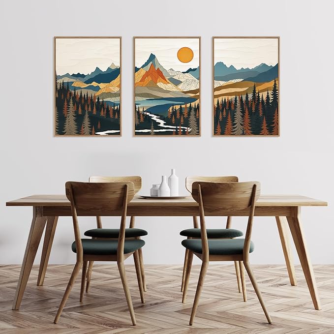HLNIUC Large Sunset Mountain Framed Wall Art,Boho Forest Pine Tree Canvas Wall Decor Set of 3(16”X24”) Blue and Orange Landscape Art Print,Colorful Mountain Lake Wall Painting for Living Room,Bedroom-Ruum Studio Home