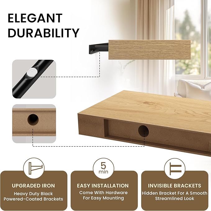 Square Floating Shelves for Wall, 12" W x 12" D x 1.2" H, Small Wooden Wall Mounted Display Shelves with Invisible Brackets for Living Room, Bedroom, Bathroom, Kitchen Decor, Set of 3, Oak-Ruum Studio Home