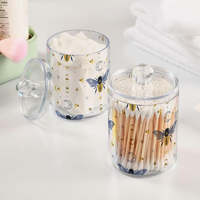 2 Pack Qtip Holder Organizer Dispenser Bee Boho Honeybee Insect Bathroom Storage Canister Cotton Ball Holder Container for Cotton Pads/Swabs/Floss-Ruum Studio Home