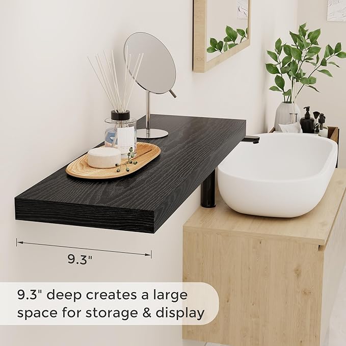 Fun Memories Black Floating Shelves 32 Inch Long, 9 Inch Deep Floating Bookshelf Wall Mounted, Farmhouse Wood Shelves White for Bathroom, Living Room, Bedroom, Home Decor Deep Shelf for Wall Set of 2-Ruum Studio Home