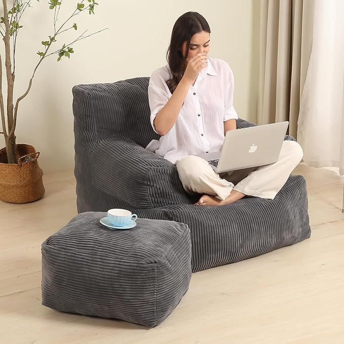 Comfy Gaint Bean Bag Chair with Ottoman, Huge Bean Bag Armchair for Adults and Teens, Dark Grey-Ruum Studio Home