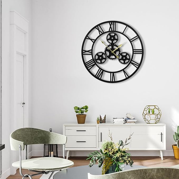 24inches/60cm Wall Clocks for Living Room Deco Non Ticking Silent Battery Operated Metal Modern Vintage Roman Numeral Oversized Gear Wall Clocks for Bedroom Kitchen Fireplace Office Farmhouse-Ruum Studio Home