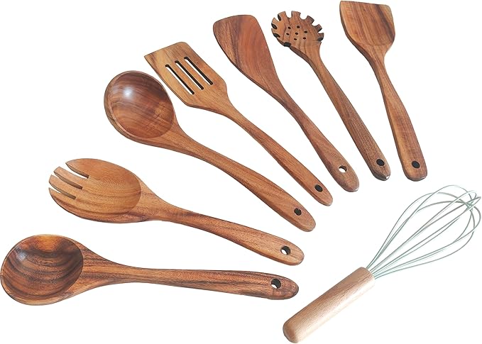 Wooden Kitchen Utensils Set, Teak Wood Cooking Spoons for Non-Stick Pans, 8 Pieces-Ruum Studio Home