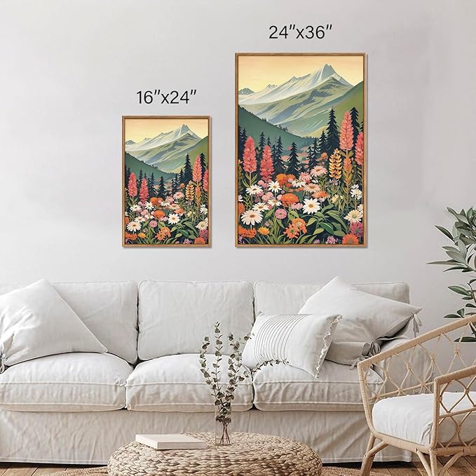 Tinonedraw Mountain Wildflower Framed Canvas Wall Art Set, Boho Mountains Landscape Wall Decor, Modern Floral Forest Scenery Artwork, Neutral Nature Art Prints for Living Room Bedroom Office 24"x36"x3-Ruum Studio Home