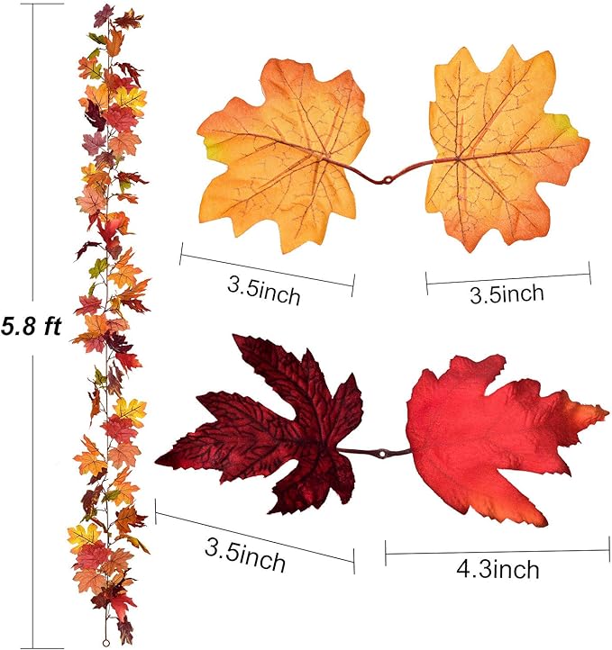 Lvydec 2 Pack Fall Garland Decoration - 5.8ft/Strand Artificial Maple Garland Colorful Leaves Autumn Decor for Home Wedding Party Thankgiving (Mixed Color)-Ruum Studio Home