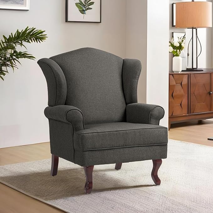 Accent Chair, High Back Upholstered Armchair with High Resilience Sponge & Wood Legs, Mid-Century Modern Comfy Single Sofa Reading Chairs for Living Room, Bedroom (Dark Grey, Set of 2)-Ruum Studio Home