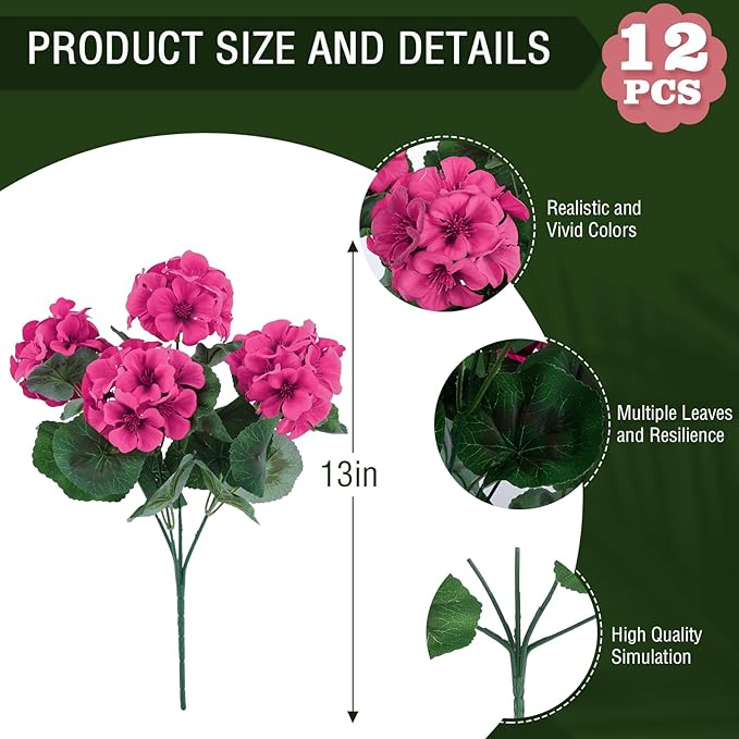 Hananona 12 Pcs Artificial Geranium Flowers for Outdoors Geranium Silk Flowers Outdoor UV Resistant Garden Plants Faux Flowers for Ptio Front Door Kitchen Table Centerpieces Home Decor (12, Rose Red)-Ruum Studio Home