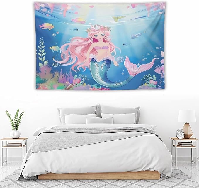 HZOHNAGO Mermaid Girls Tapestry Watercolor Mermaid Princess Pattern Printed Wall Tapestry Wall Hanging for Bedroom Living Room Dorm 60" W x 40" H-Ruum Studio Home