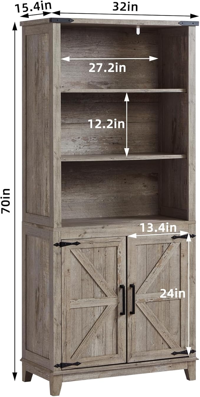 70in Tall Bookshelf 5 Tier Bookcase with Barn Doors and Adjustable Shelves, Grey Farmhouse Book Shelf with Storage Cabinet, Wood Freestanding Display Bookshelves for Bedroom, Living Room-Ruum Studio Home