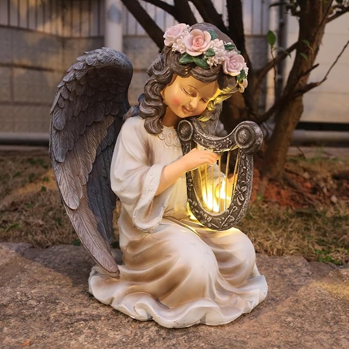 Garden Angel Decor Solar Angels Statues for Garden Waterproof Angel Sculpture Playing The Harp Solar Angels for Yard Patio Gardening Gift-Ruum Studio Home