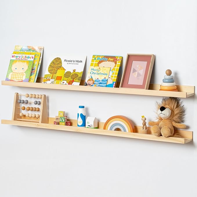 Picture Ledge Shelf for Wall, 48 inch Solid Pine Wood Nursery Book Shelves 2 Packs, Floating Ledge Shelves for Kids' Room Bedroom Bathroom Living Room Photo Frames Office Nursey Wall Decor, Natural-Ruum Studio Home