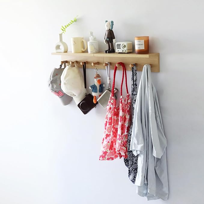 Entrance Coat Rack ，Coat Hooks, Wall-Mounted Wooden Hook Rack, Wall-Mounted Shelves are Very Suitable (Oak Colored Finish-2)-Ruum Studio Home