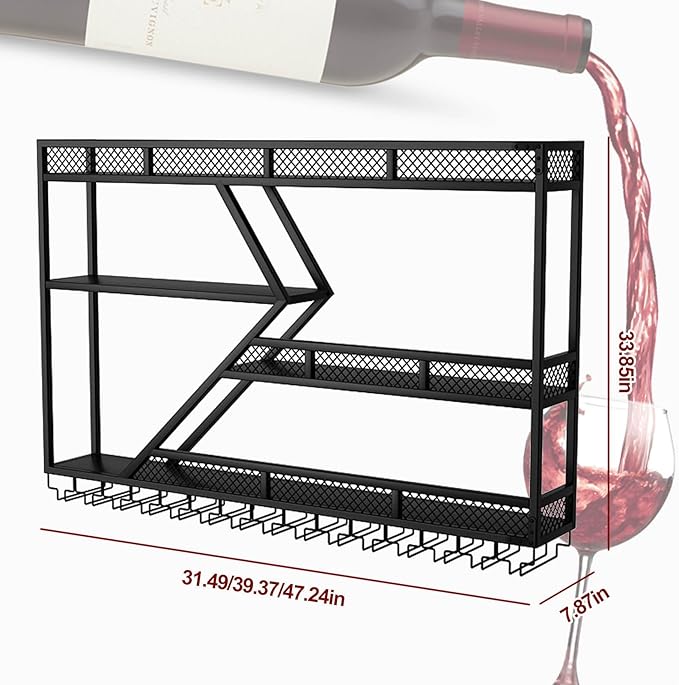 Wall Mounted Wine Rack with Glass Holder, 3-Tier Metal Storage Shelf, Black Diamond Design, Wine Bottle Display with Stemware Storage (Black, 31.49in/Left)-Ruum Studio Home