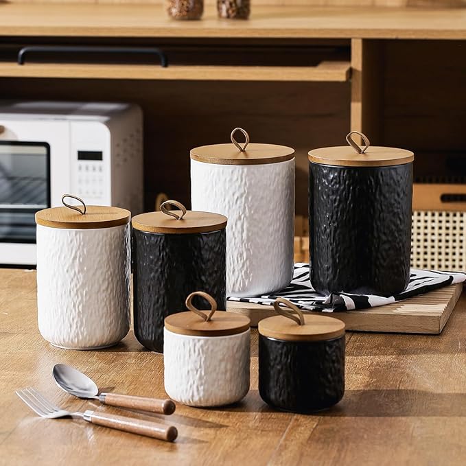 Black White Ceramic Coffee Canister Tea Canister with Seal Wood Lid, Airtight Coffee Storage Container for Coffee Bean, Ground Coffee, Sugar, Cookie Candy jar (Black three piece)-Ruum Studio Home