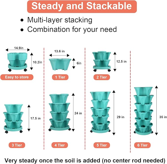 Vertical Planter 6 Tier Stackable Planters Garden Planters Strawberry Herb Flower and Vegetable Planter Indoor Outdoor Gardening Pots with Removable Wheels and Tools-Ruum Studio Home