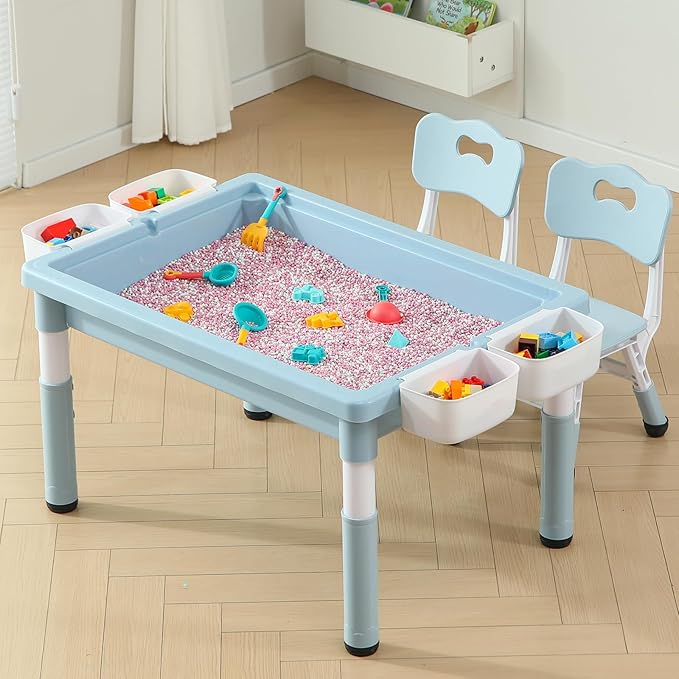 Multi Functional Kids Table and 2 Chairs Set, Graffiti & Building Blocks Double-Sided Tabletop, Toddler Play Table with Drawers, Large Storage Space, Gift for Boys/Girls, Blue-Ruum Studio Home