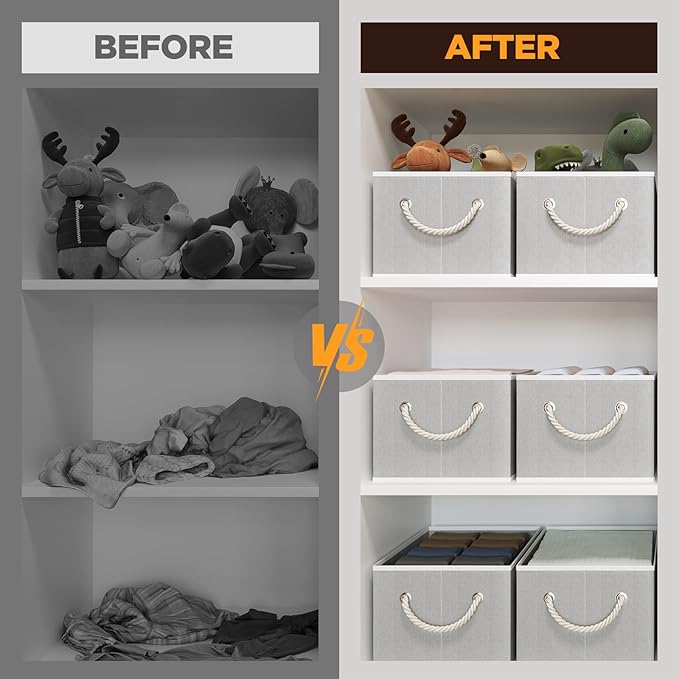 Closet Storage Bins, Linen Closet Organizers and Storage Basket for Shelves, Collapsible Shelf Baskets for Organizing Shelves, Bedroom Clothes Basket, Gray, 3 Pack-Ruum Studio Home