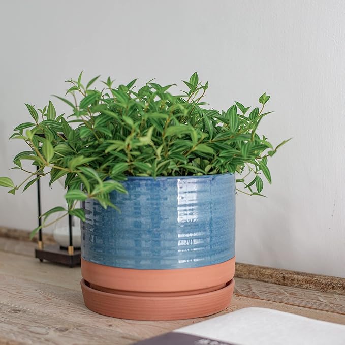 8 Inch Pots for Plants, Ceramic Planter Pot with Drainage Hole & Saucer, Indoor/Outdoor Cylinder Round Planter Pot, Blue & Terracotta-Ruum Studio Home