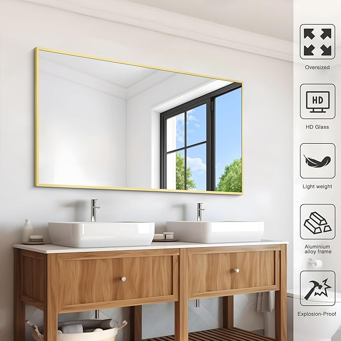 Gold Bathroom Mirror for Wall, 30x48 Inch Rectangle Mirrors with Metal Frame, Modern Vanity Wall Mirror Decor for Bathroom Living Room, Entryway Hangs Horizontal or Vertical-Ruum Studio Home